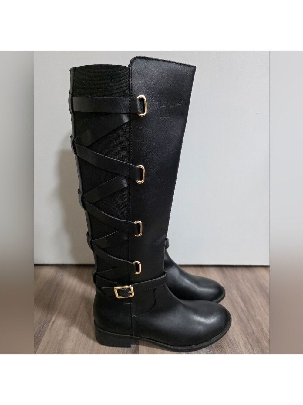 Thalia Sodi Womens Veronika Mixed Media Black Riding Boots Size 6 New In Box